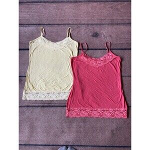 LOT of 2 Maurice’s Crinkle Lace Trim Y2K Layering Camisoles Yellow Pink Size M